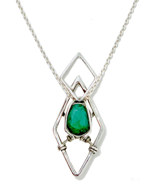 Sterling Silver Diamond Wrapped Natural Emerald Necklace