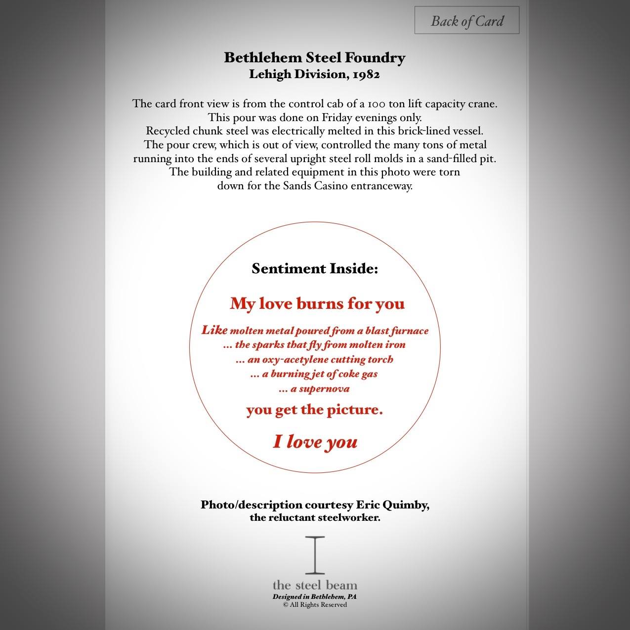 Bethlehem Steel Foundry My Love Burns For You Card