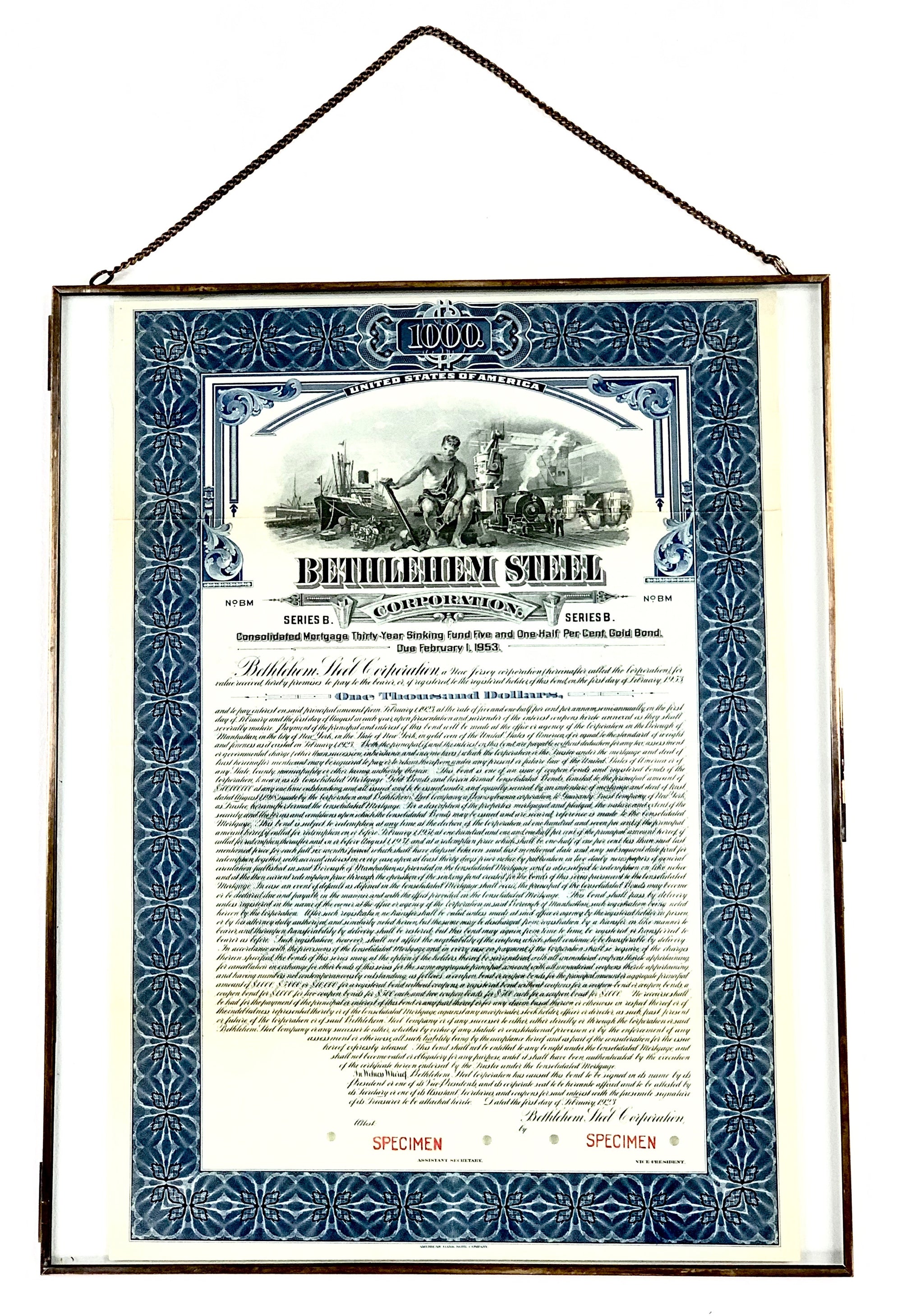 Rare Bethlehem Steel Stock Certificate Specimen intact with Bond Coupons   (1953)