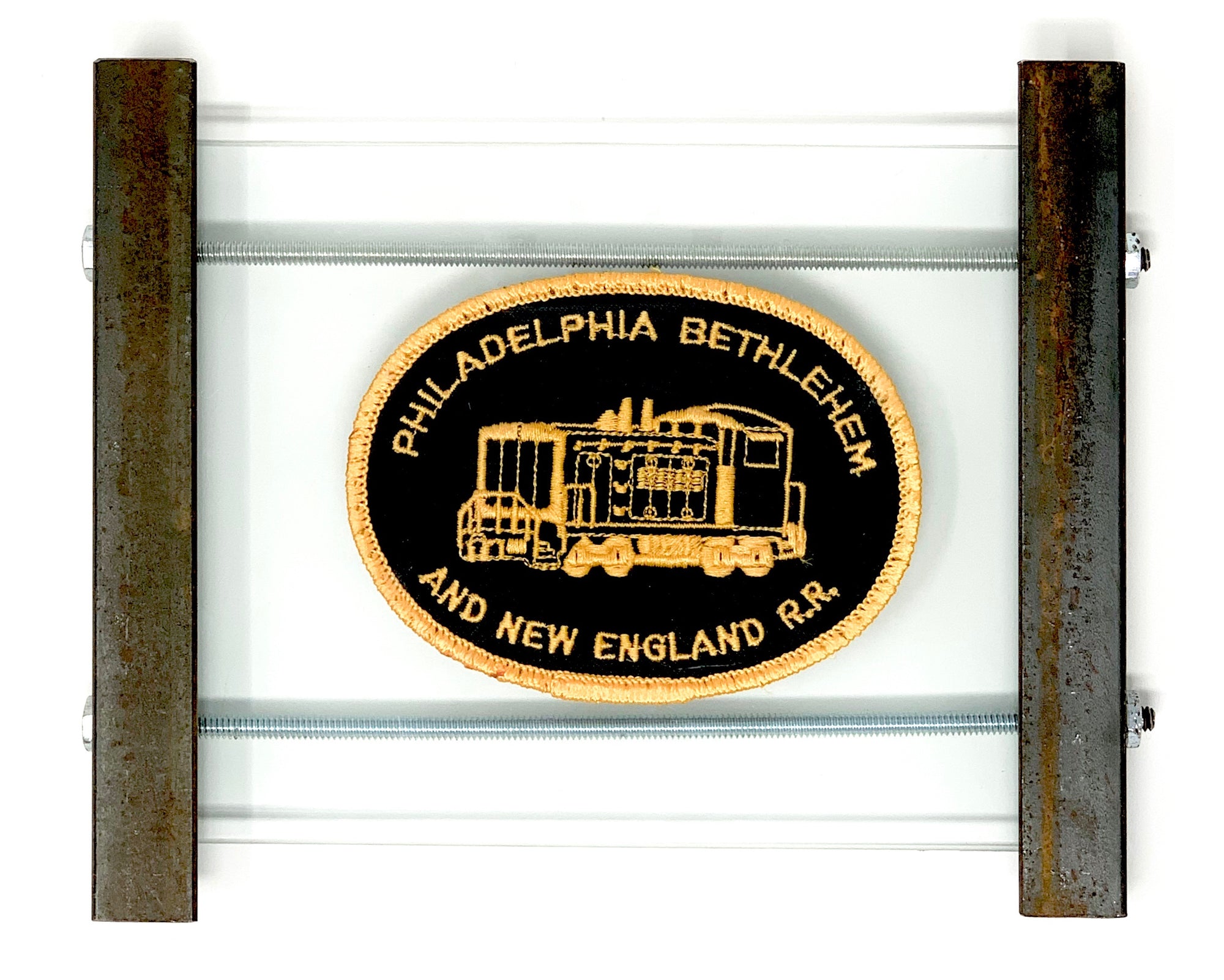 Philadelphia Bethlehem New England RailRoad conductors patch in handmade angle iron frame