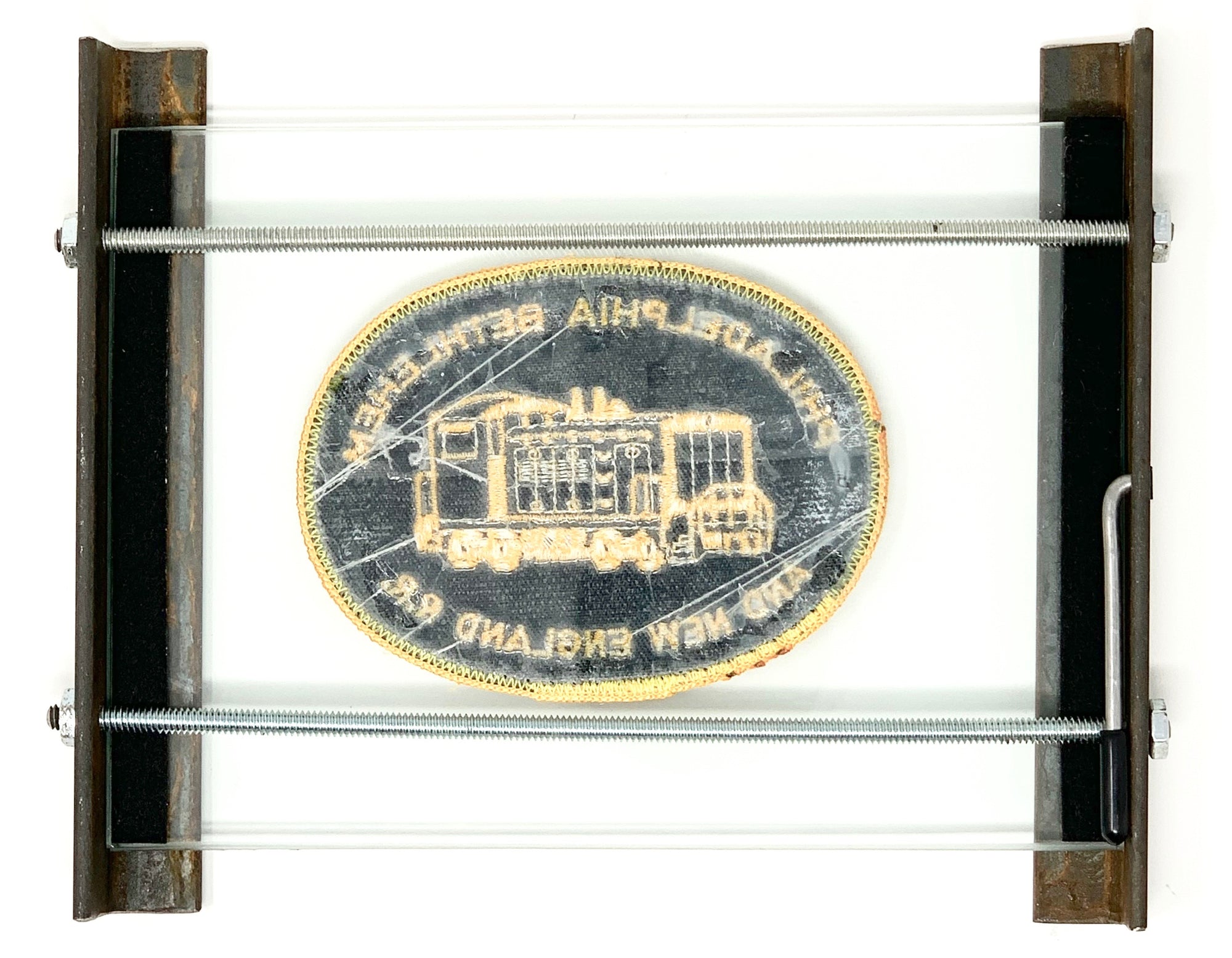 Philadelphia Bethlehem New England RailRoad conductors patch in handmade angle iron frame