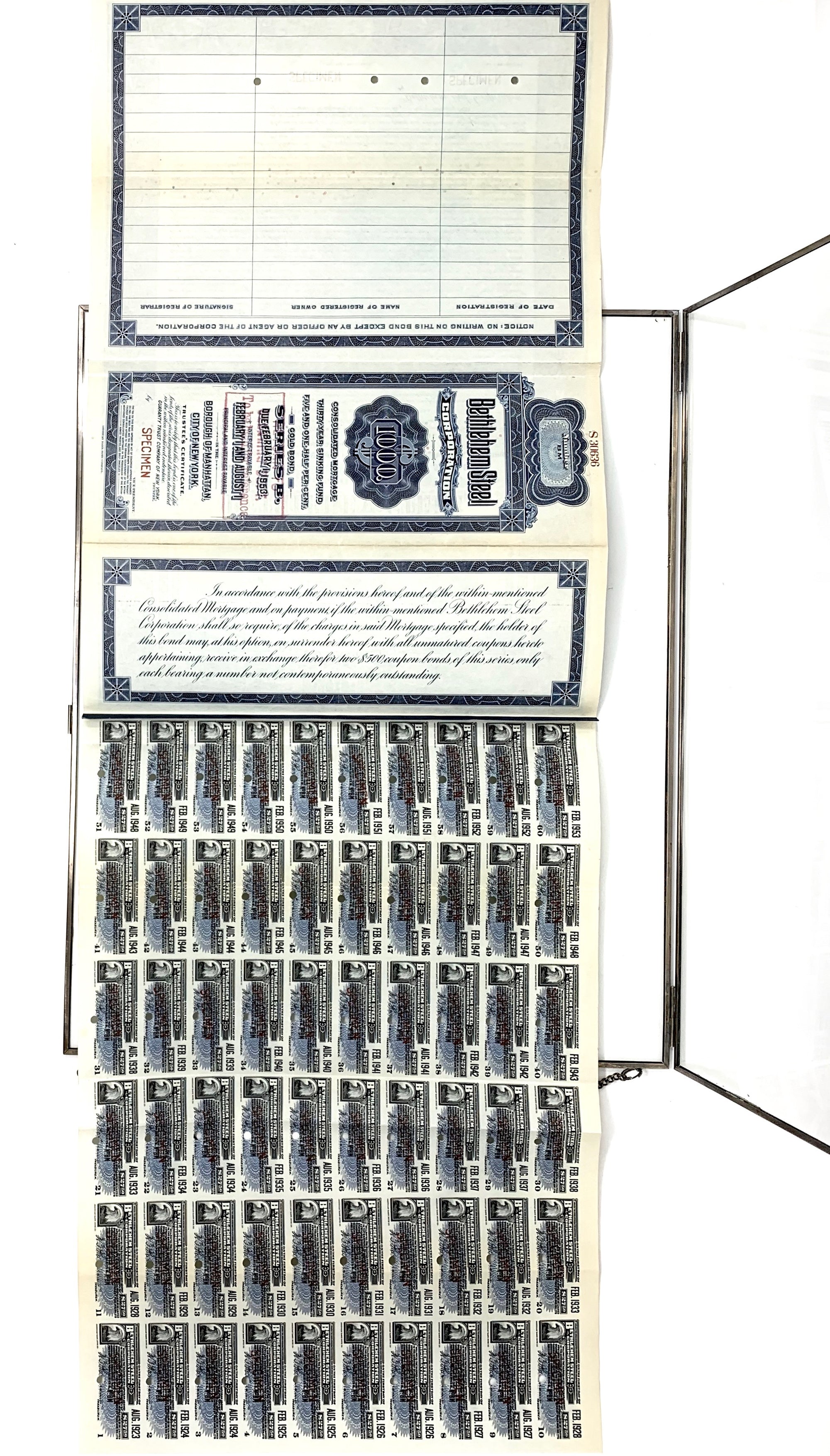 Rare Bethlehem Steel Stock Certificate Specimen intact with Bond Coupons   (1953)