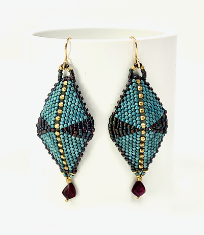 Hand-woven glass beads, gold filled bead, garnet drop earrings