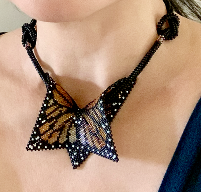 Hand-woven stained glass beaded monarch butterfly necklace