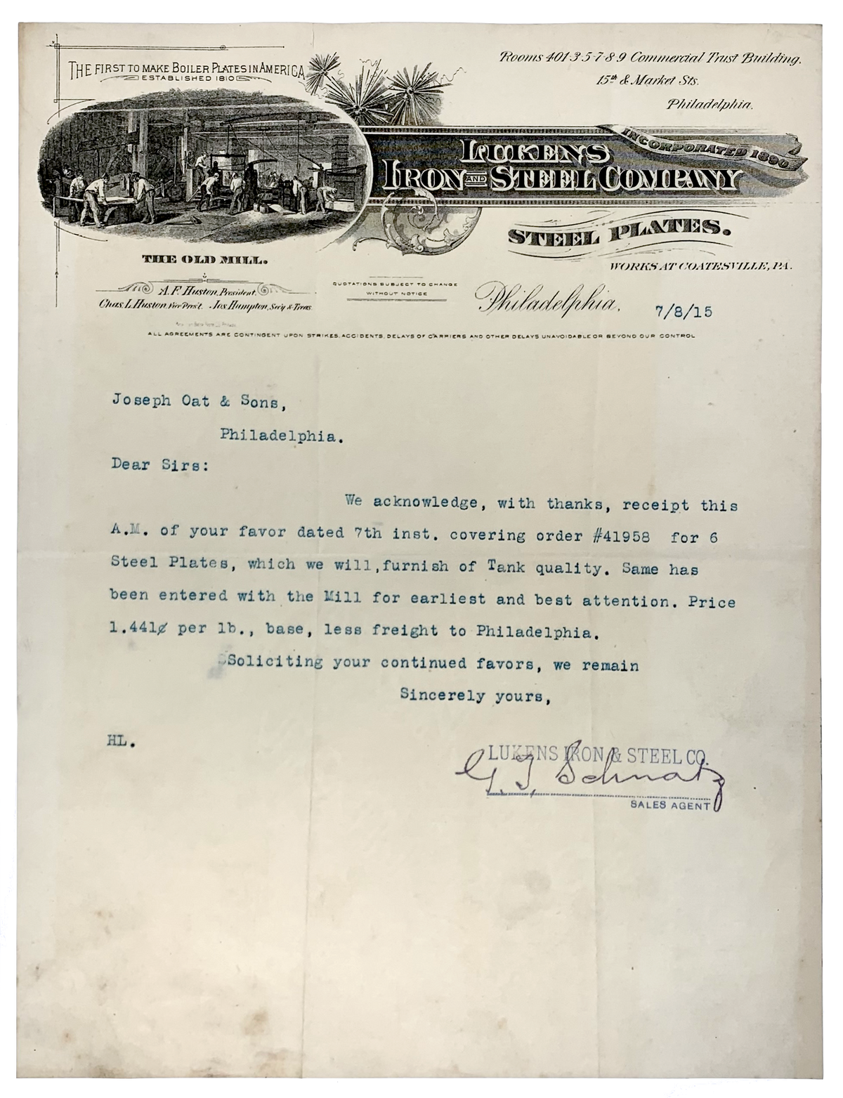 1915- Rare Lukens Iron & Steel Co.: Letterhead (Longest continuously operating iron & steel mill in the U.S.)