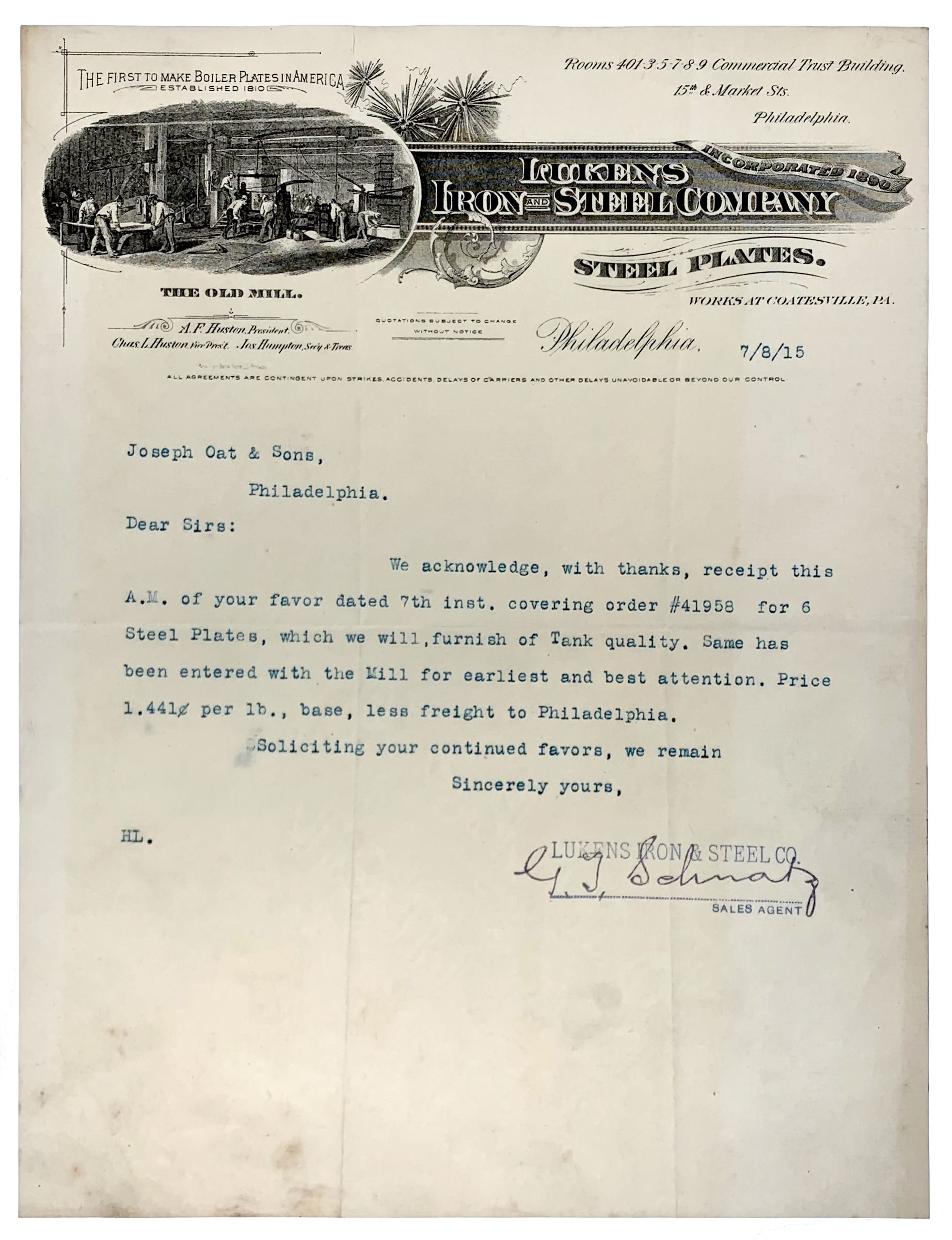 1915- Rare Lukens Iron & Steel Co.: Letterhead (Longest continuously operating iron & steel mill in the U.S.)