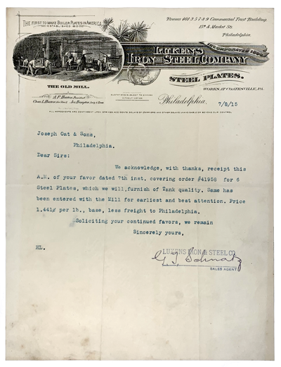 1915- Rare Lukens Iron & Steel Co.: Letterhead (Longest continuously operating iron & steel mill in the U.S.)