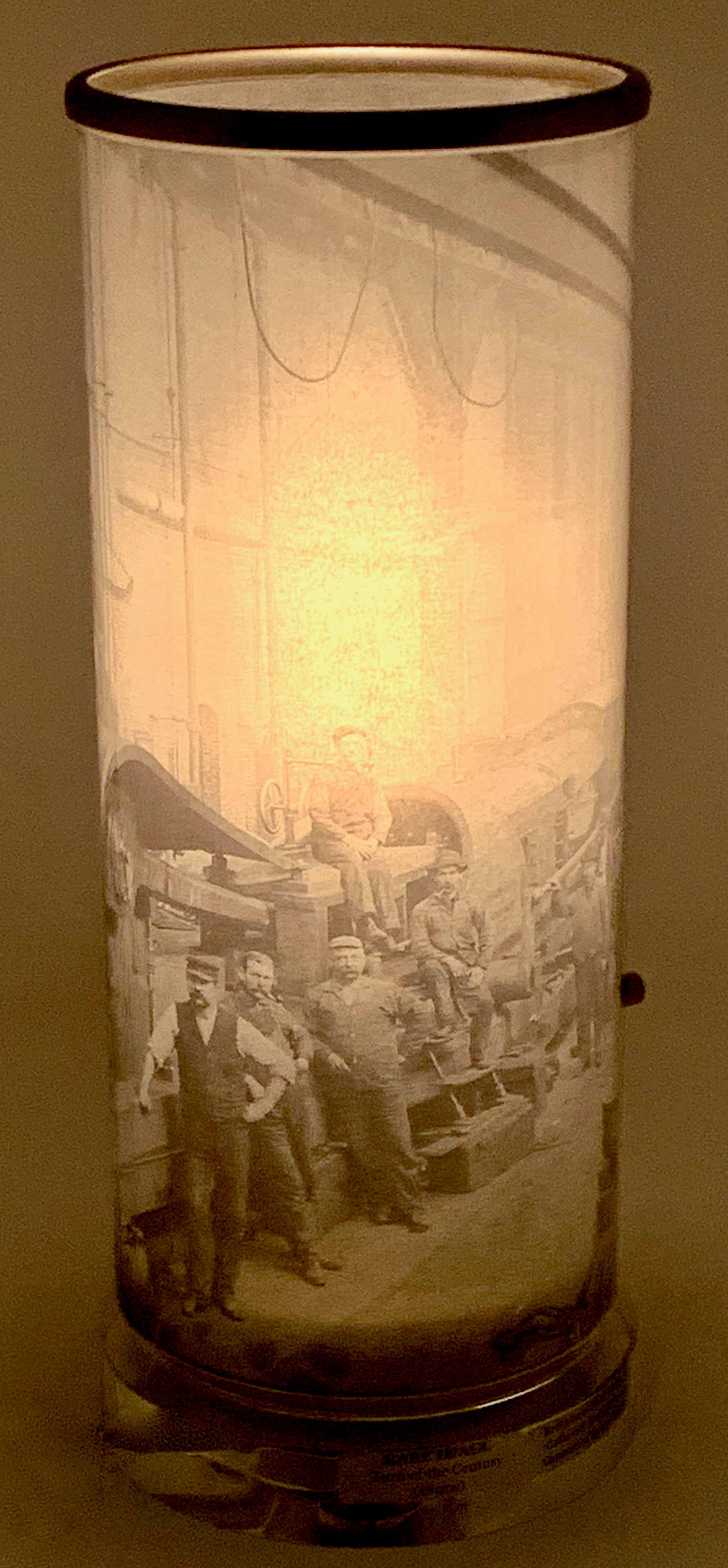 1890's Bethlehem Iron workers, Rare Image Printed on Glass Cylinder Luminaire