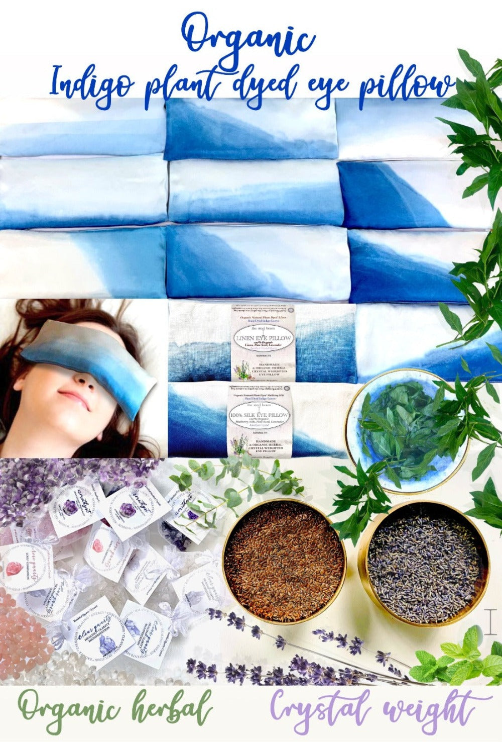 Handmade Organic Linen Eye Pillow Hand Dyed Indigo Leaves