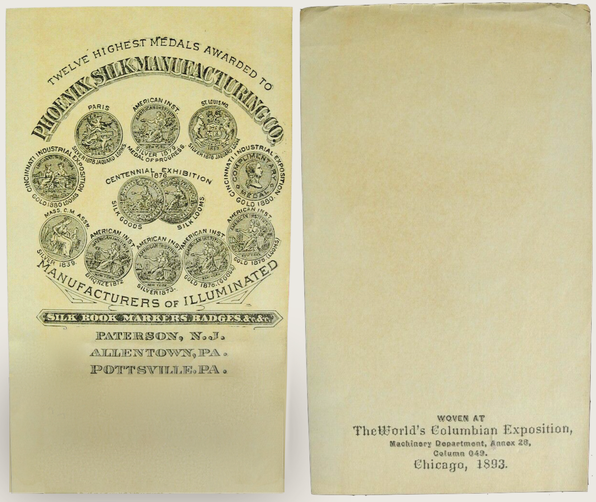 1893- Columbian Exposition in Chicago Commemorative silk ribbon (By Early 1900's, Lehigh Valley was America's silk capital).
