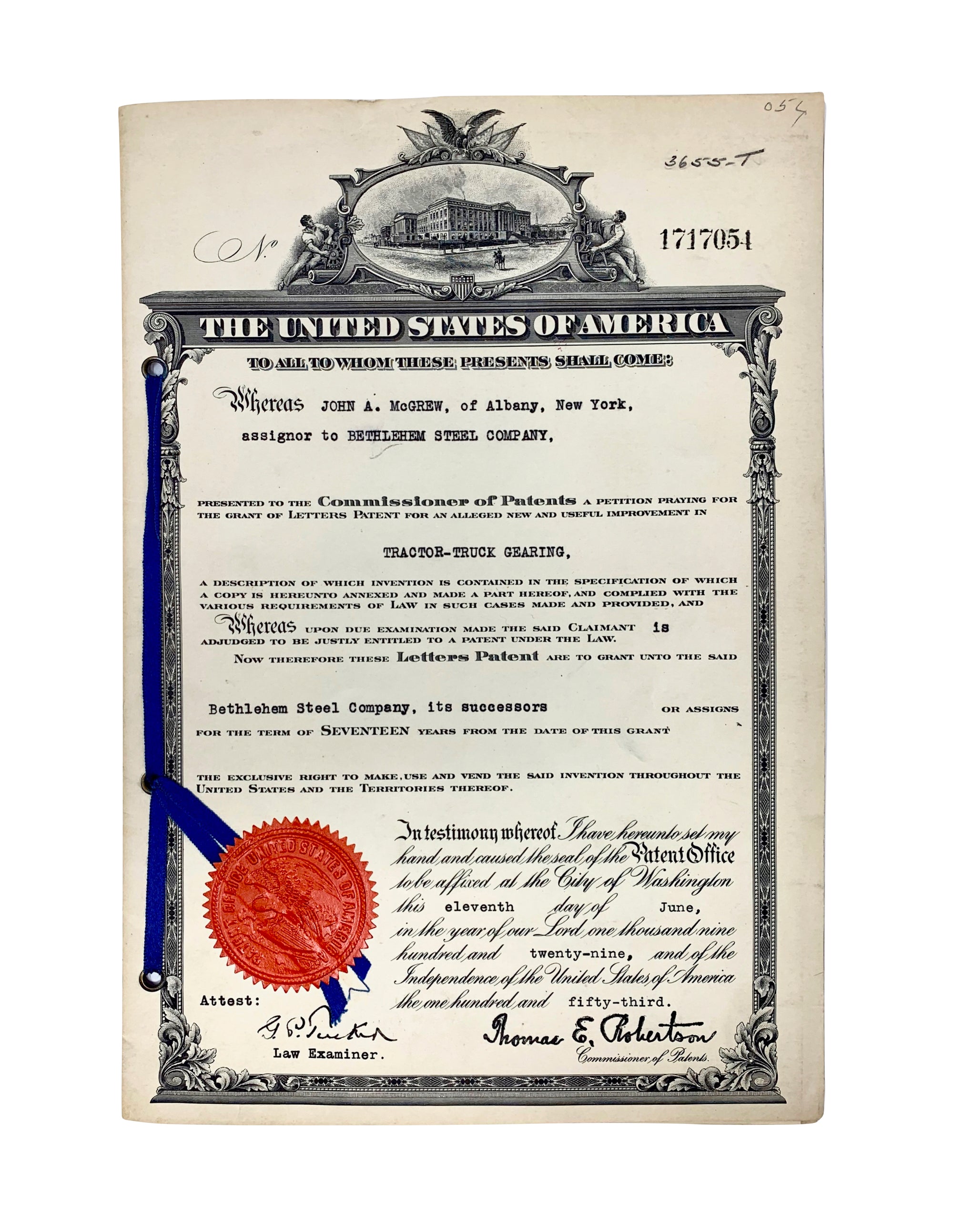 Authentic Bethlehem Steel patent for Tractor-Truck Gearing (Filed July 8th 1925)