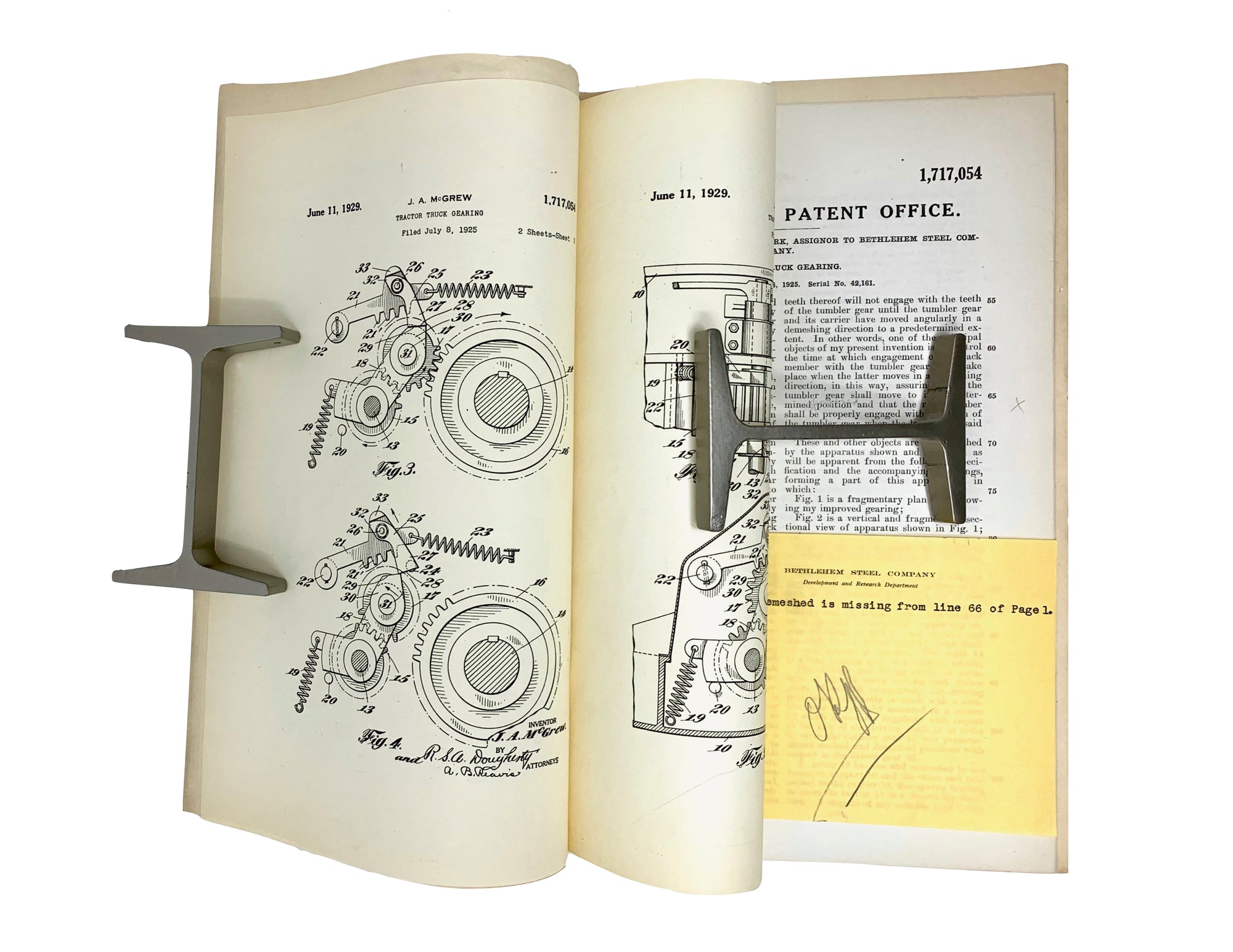 Authentic Bethlehem Steel patent for Tractor-Truck Gearing (Filed July 8th 1925)