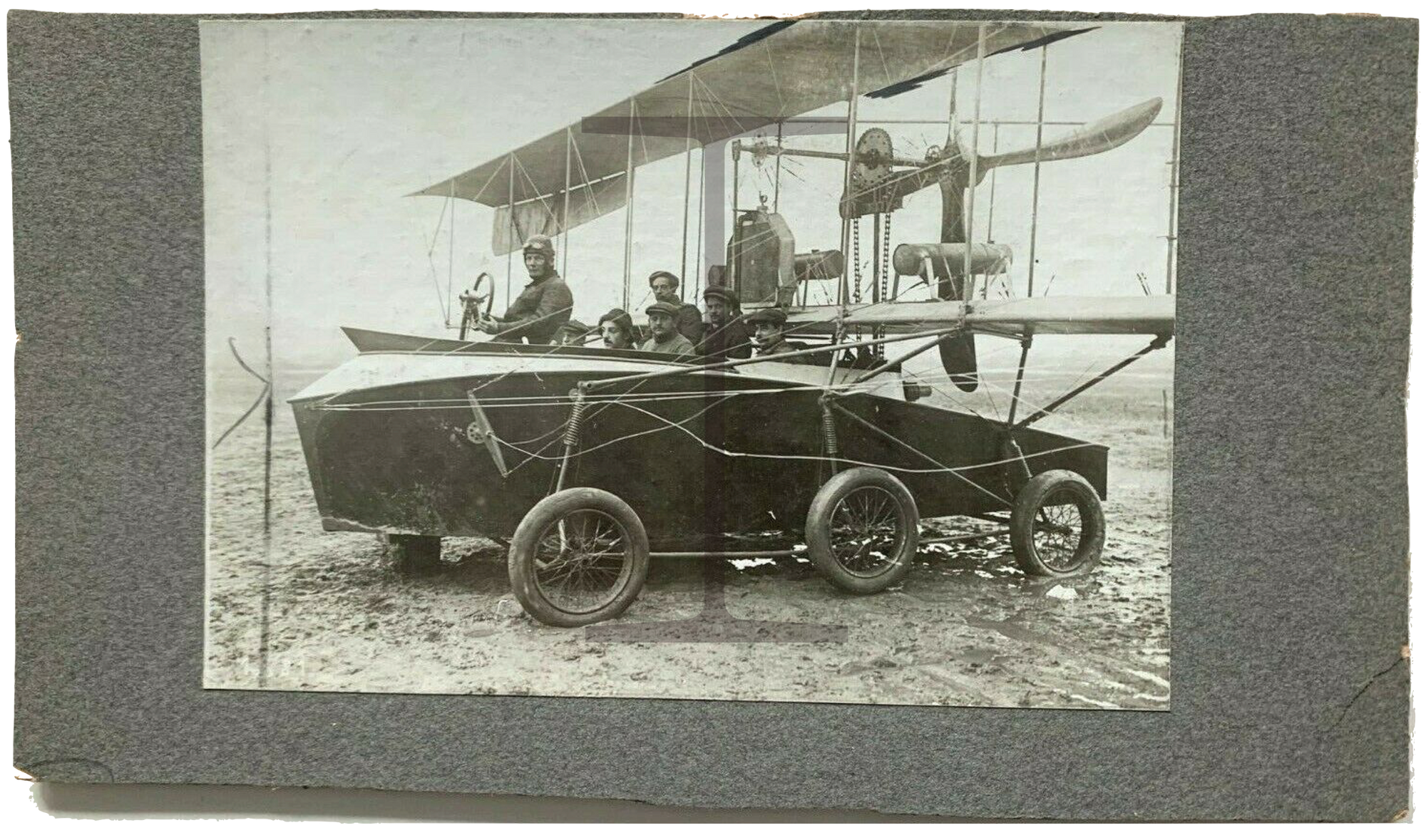 Rare Early Pusher Biplane with boat hull carrying passengers