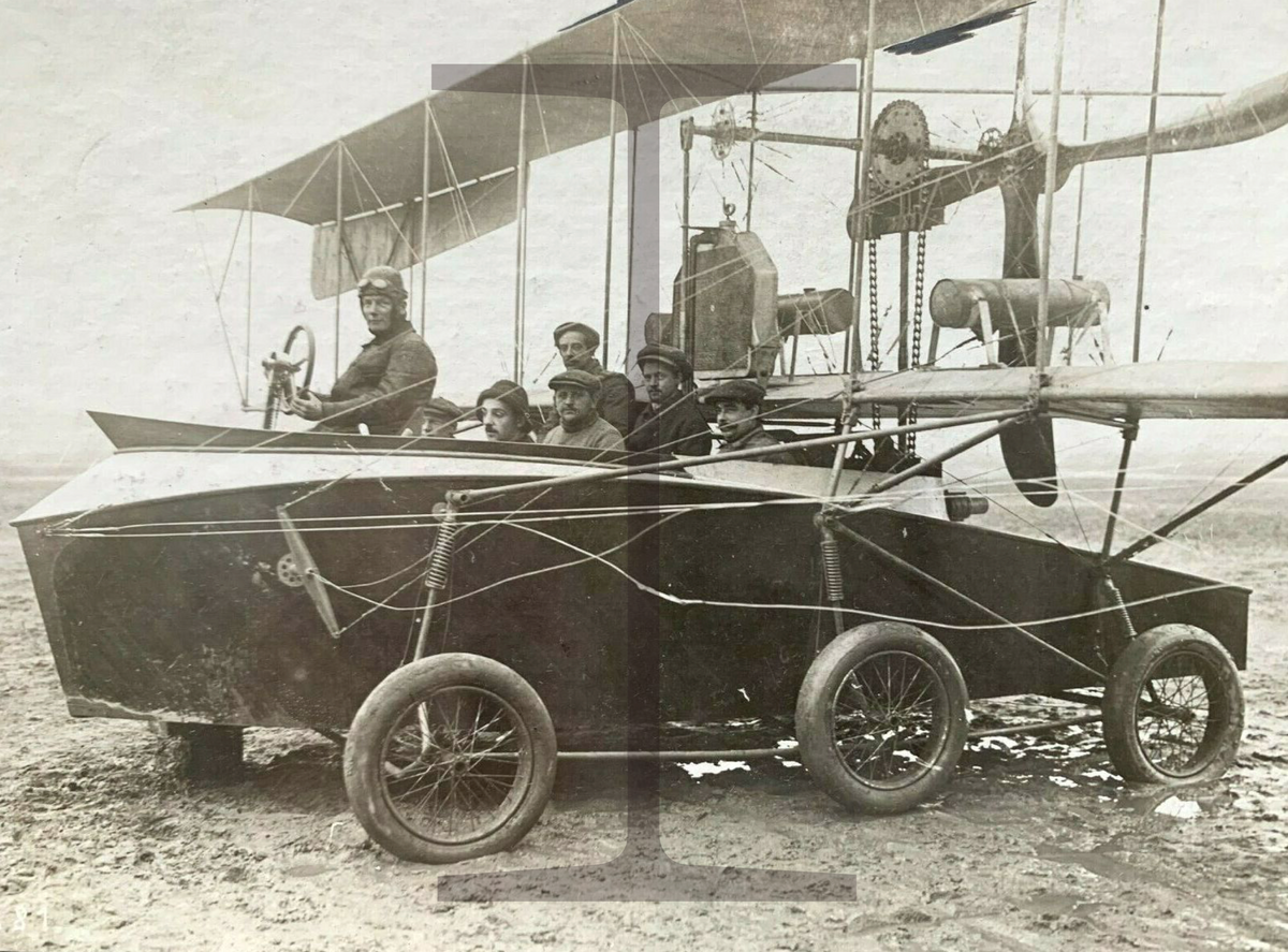 Rare Early Pusher Biplane with boat hull carrying passengers
