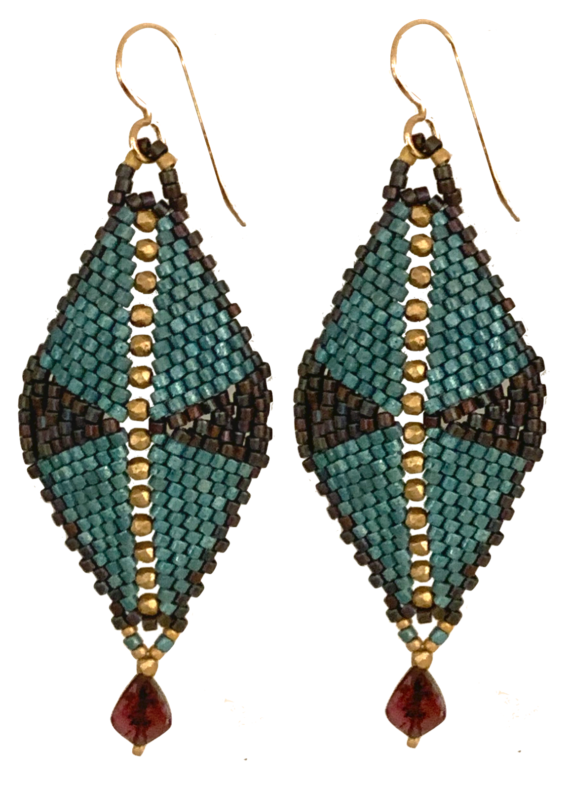 Hand-woven glass beads, gold filled bead, garnet drop earrings