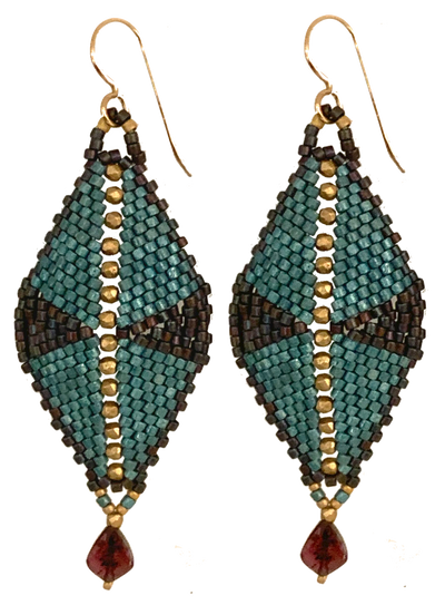 Hand-woven glass beads, gold filled bead, garnet drop earrings