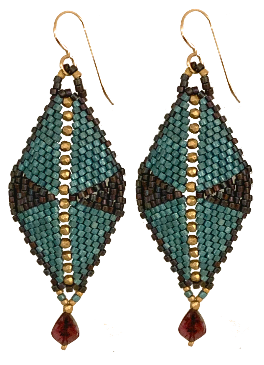 Hand-woven glass beads, gold filled bead, garnet drop earrings