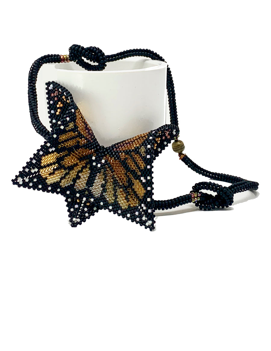 Hand-woven stained glass beaded monarch butterfly necklace