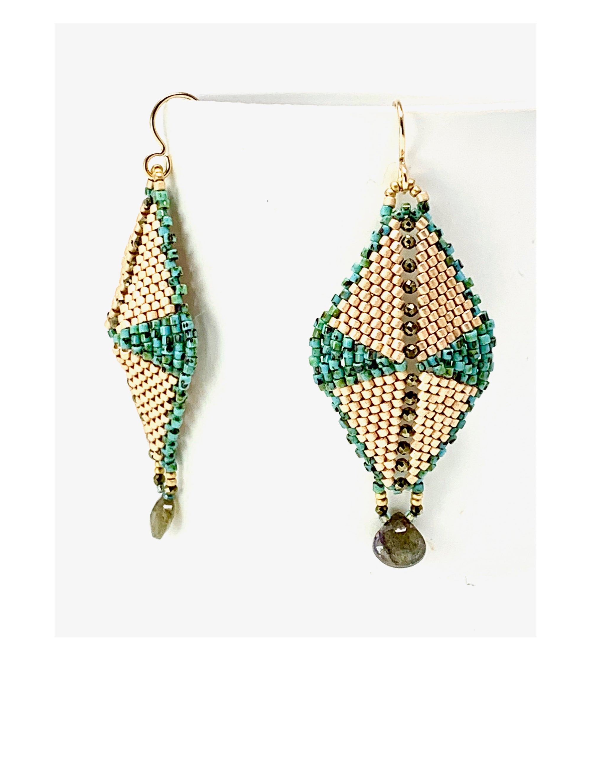 Hand-woven glass beads, pyrite, labradorite drop earrings