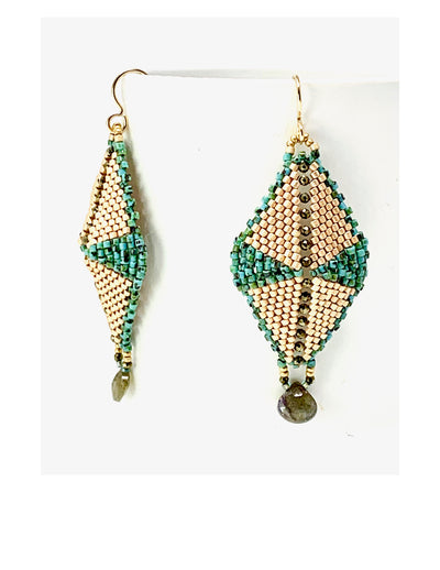 Hand-woven glass beads, pyrite, labradorite drop earrings