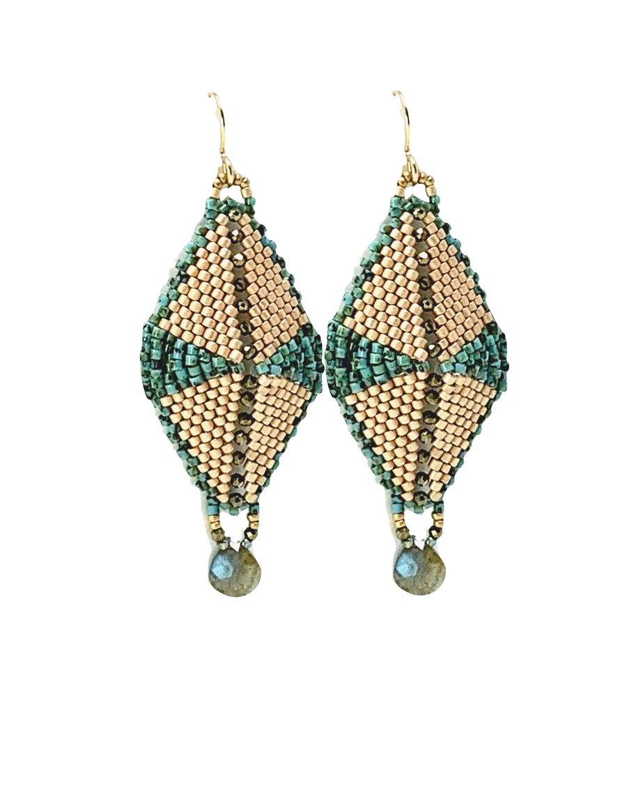 Hand-woven glass beads, pyrite, labradorite drop earrings