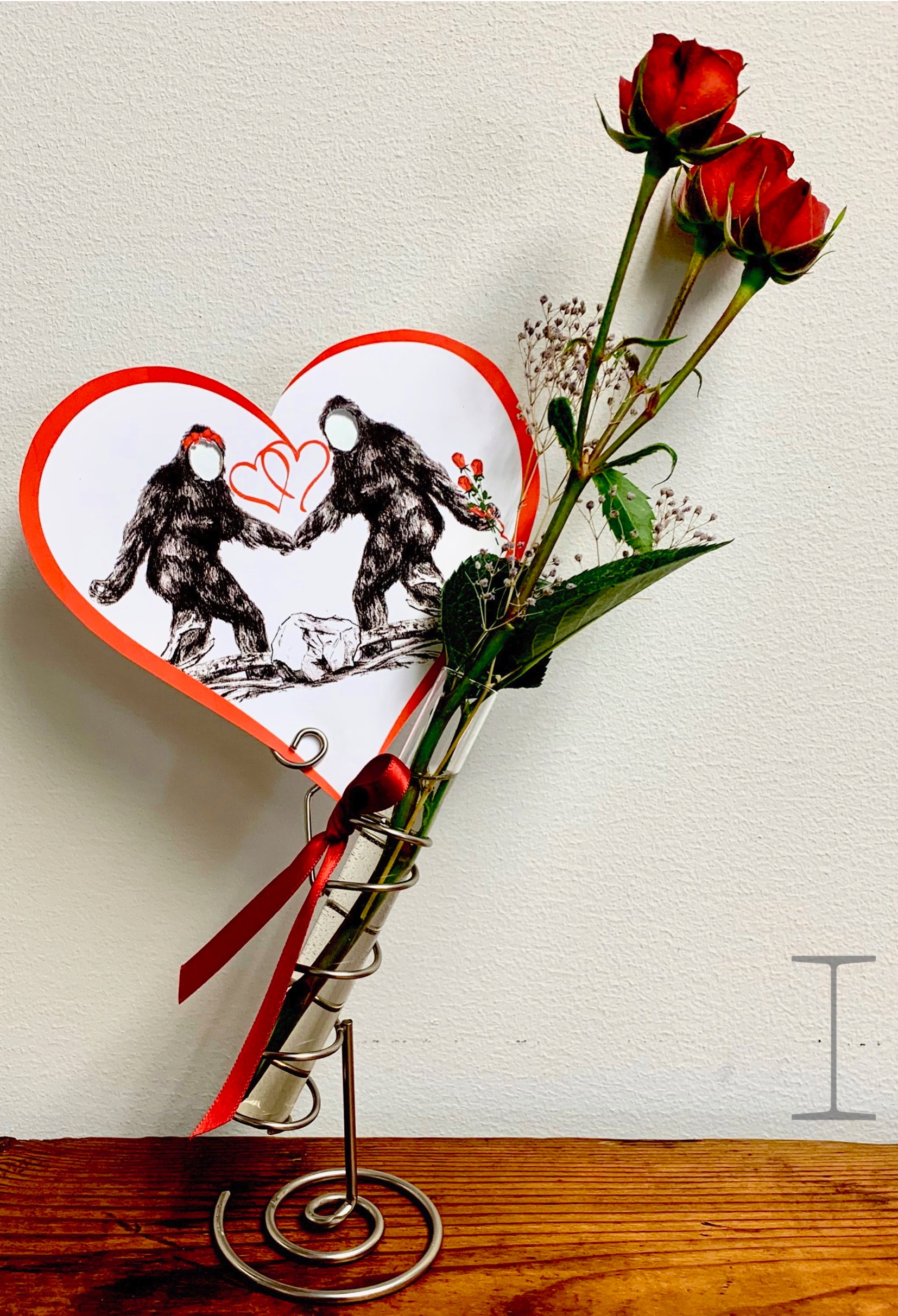 Hand wire-wrapped test tube bud vase stand with photo insert card